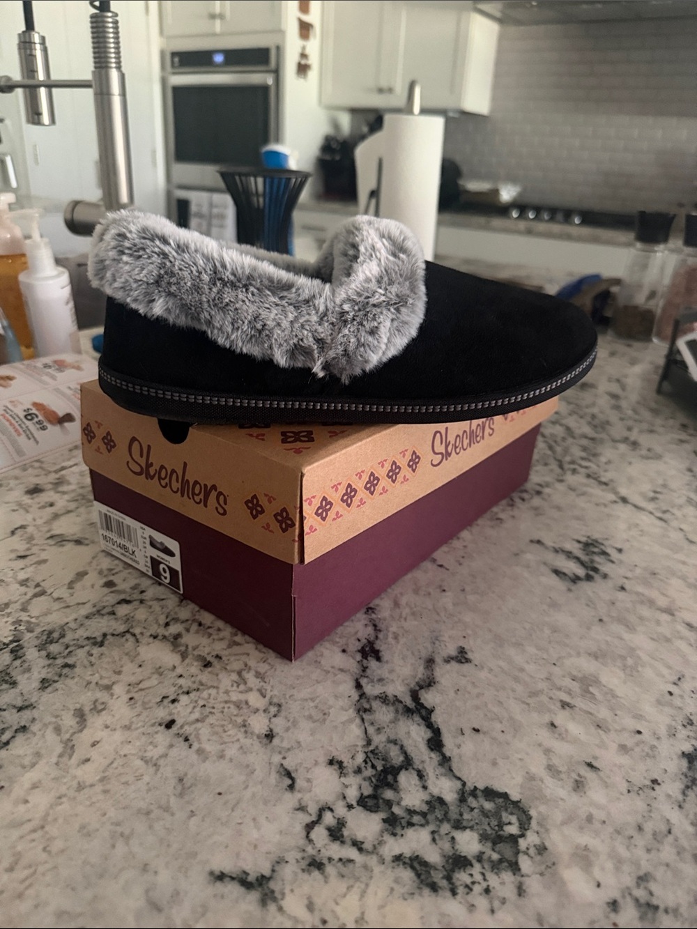 Skechers Black Suede Slip-On Slippers with Gray Faux Fur Collar